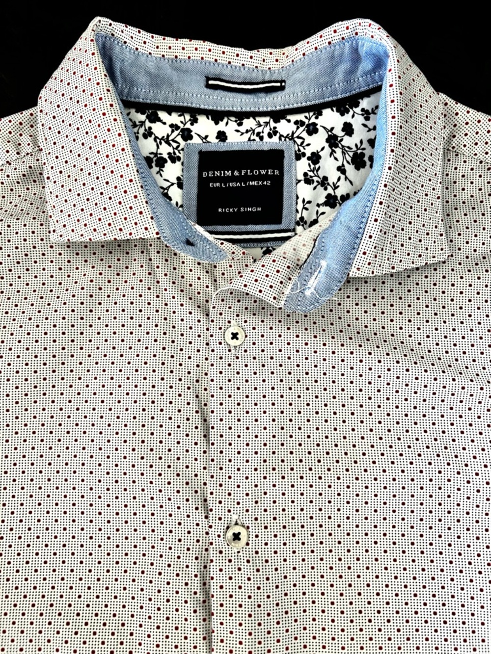 Denim & Flower Ricky Singh Mens Large White Red Micro Dot Floral Accent Shirt
